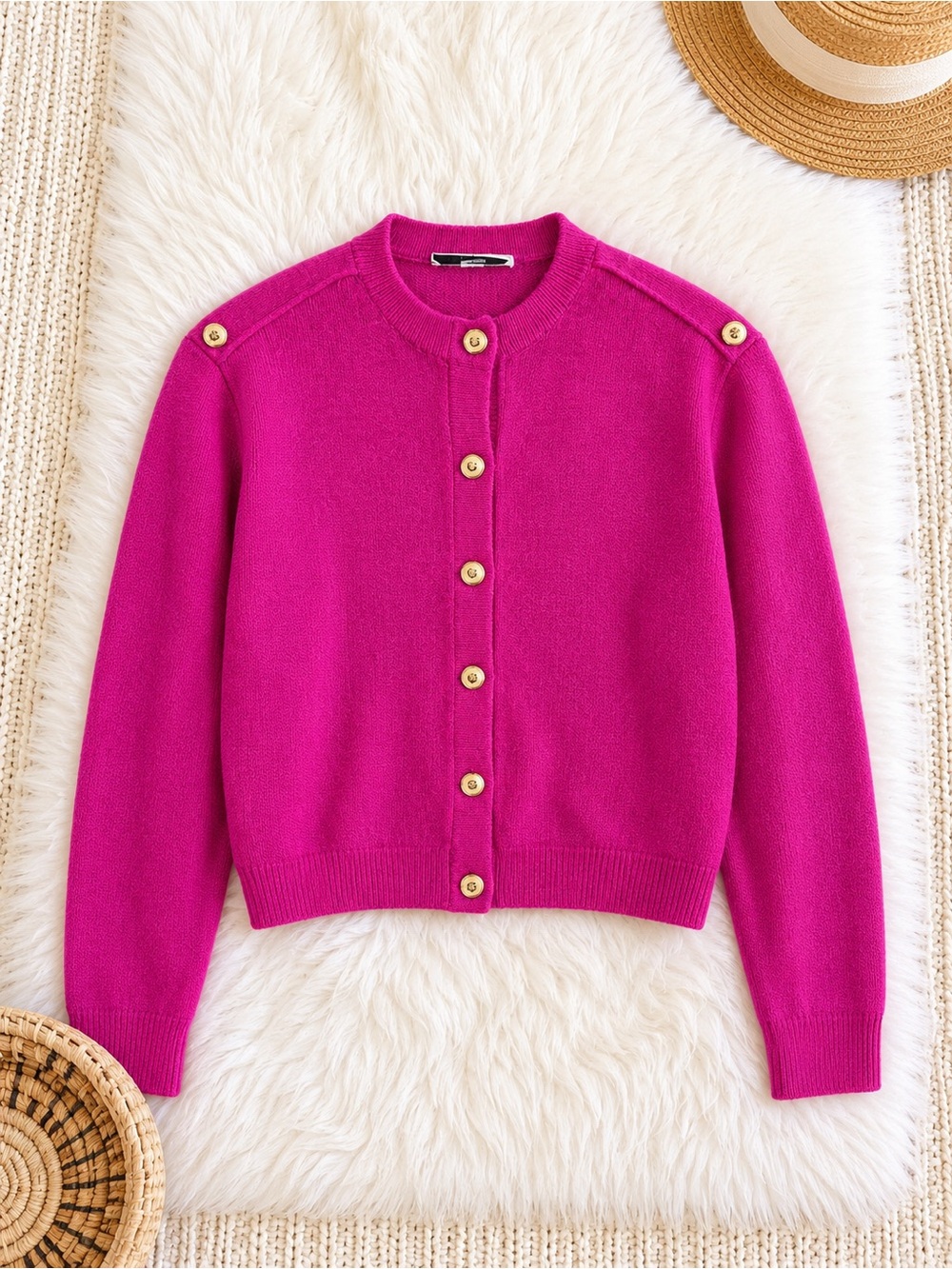 St. John by Marie Gray Textured Knit Cardigan Sweater Pink Gold Button 10